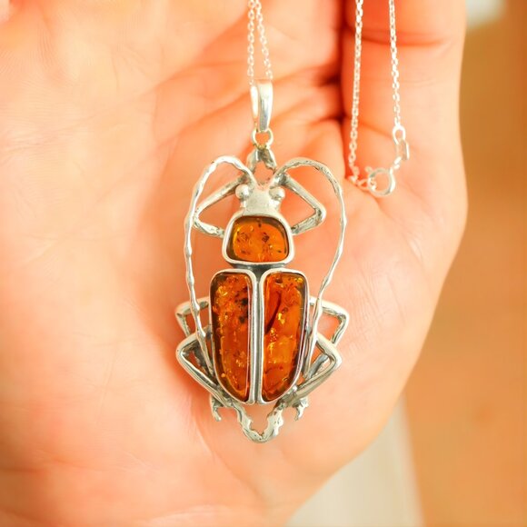 Baltic Amber Scarab Pendant Necklace in 925 Sterling Silver - Picture 7 of 9